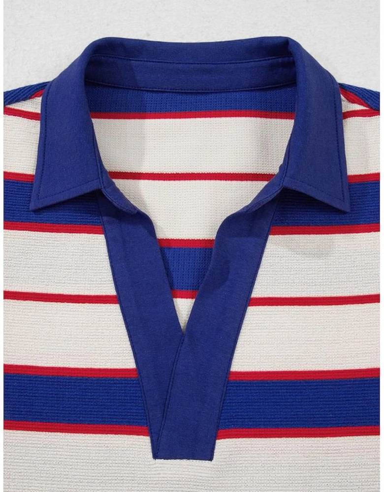 Blue Stripe Color Block Polo Pullover Sweatshirt