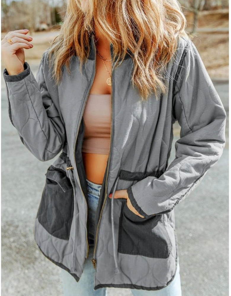 Gray Stitching Quilted Drawstring Jacket