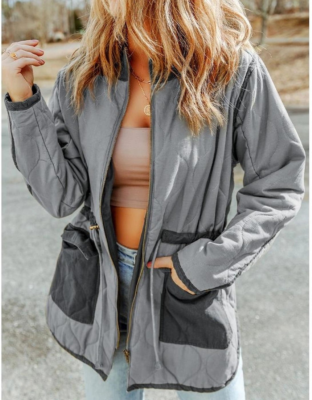 Gray Stitching Quilted Drawstring Jacket