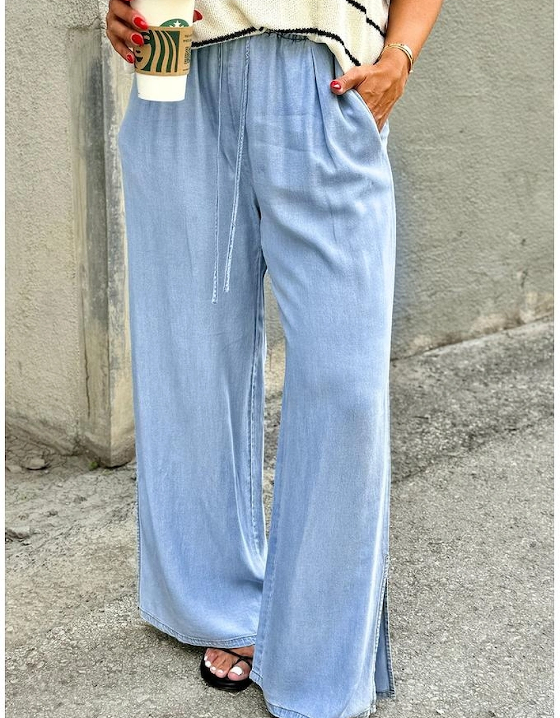 Beau Blue Casual Wide Slit Leg High Waist Loose Plus Size Jeans