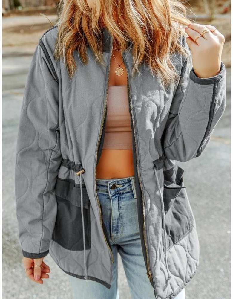 Gray Stitching Quilted Drawstring Jacket