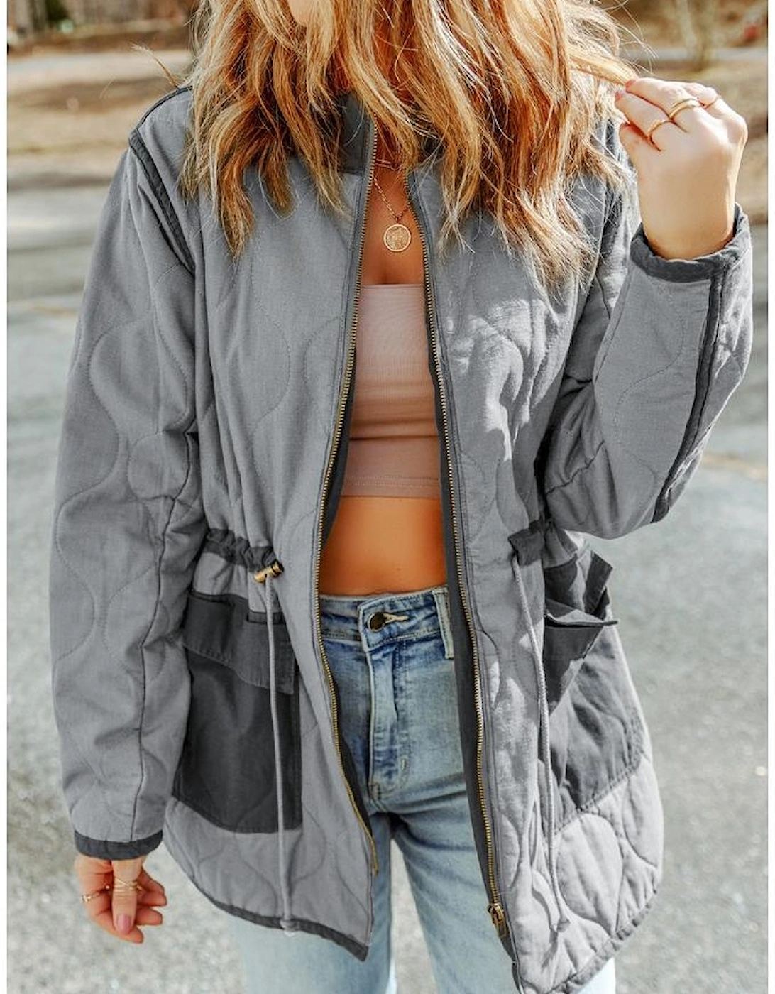 Gray Stitching Quilted Drawstring Jacket, 5 of 4