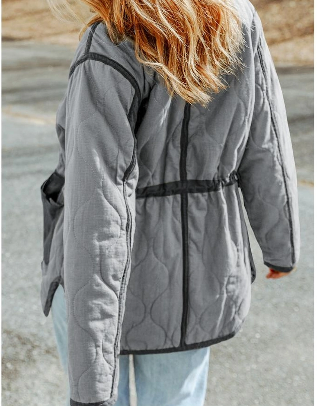 Gray Stitching Quilted Drawstring Jacket