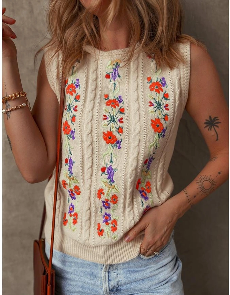Jet Stream Embroidered Floral Cable Knit Sweater Vest