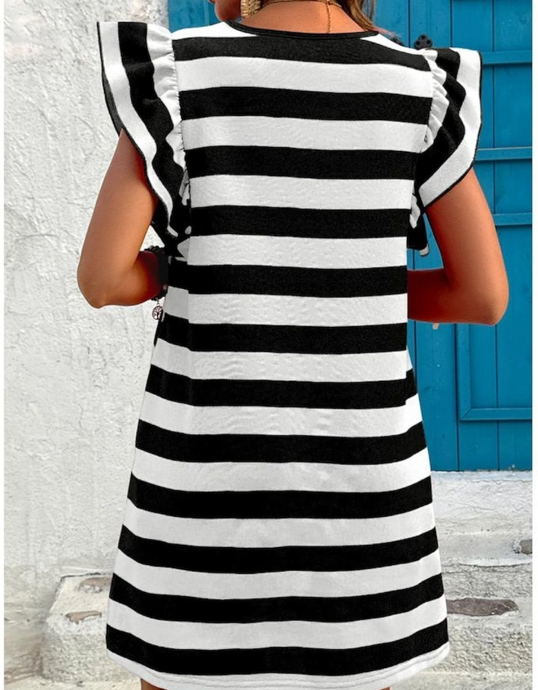 Black Stripe Flutter Sleeve Round Neck Shift Dress