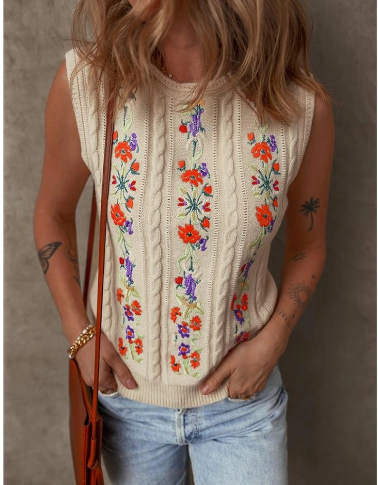 Jet Stream Embroidered Floral Cable Knit Sweater Vest