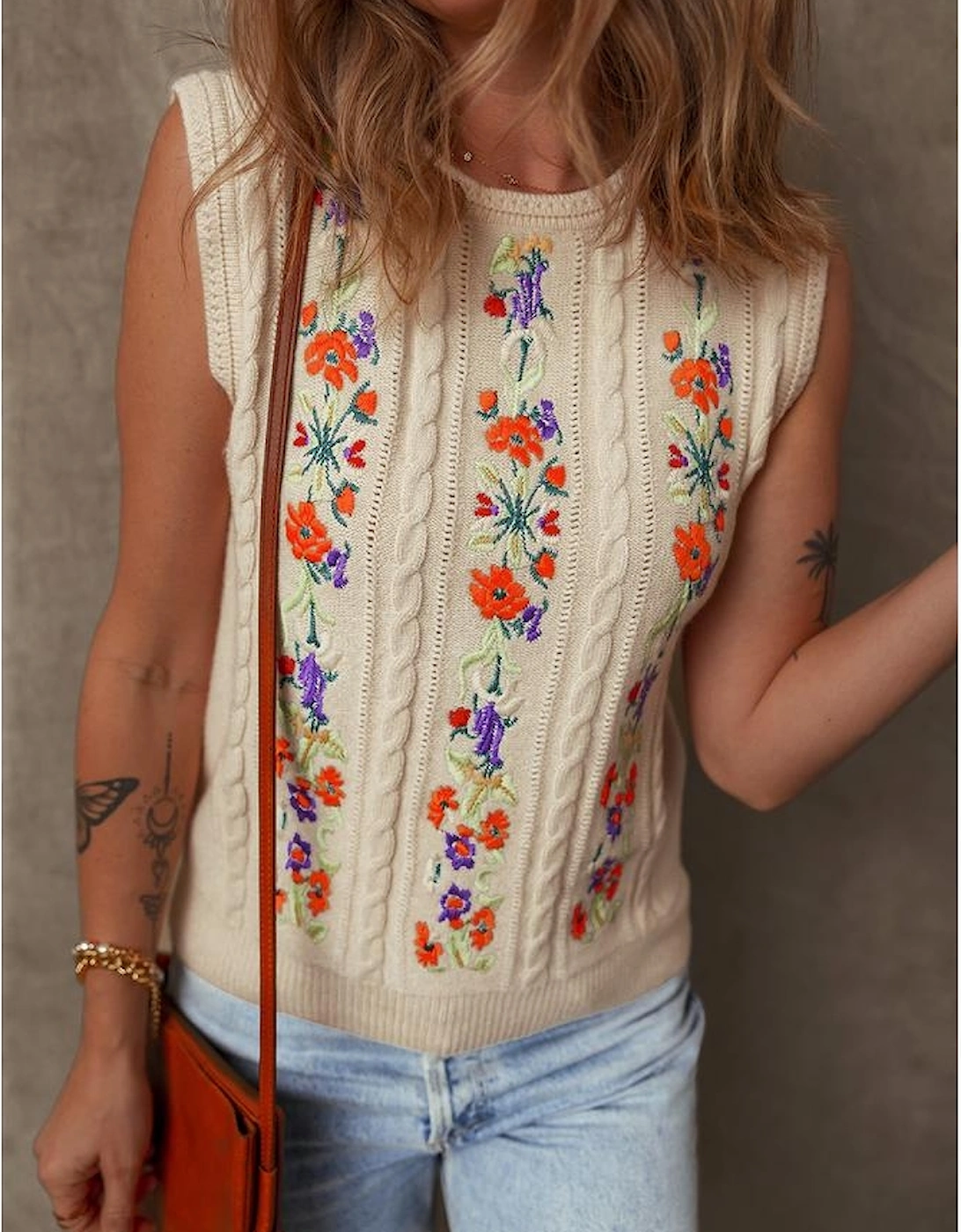 Jet Stream Embroidered Floral Cable Knit Sweater Vest