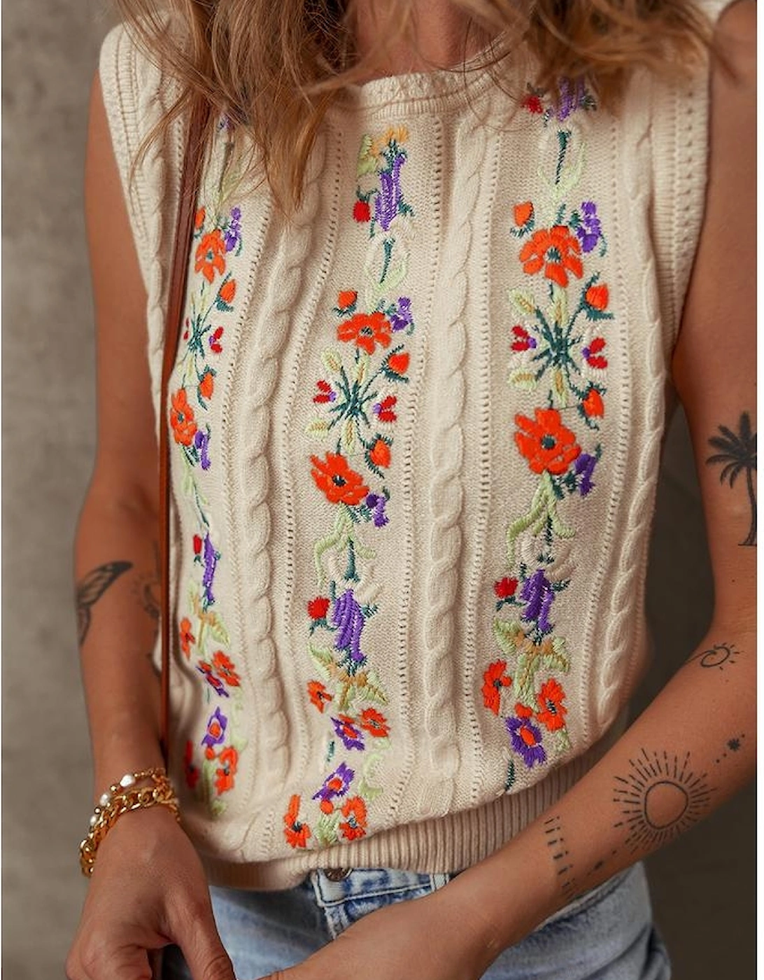 Jet Stream Embroidered Floral Cable Knit Sweater Vest