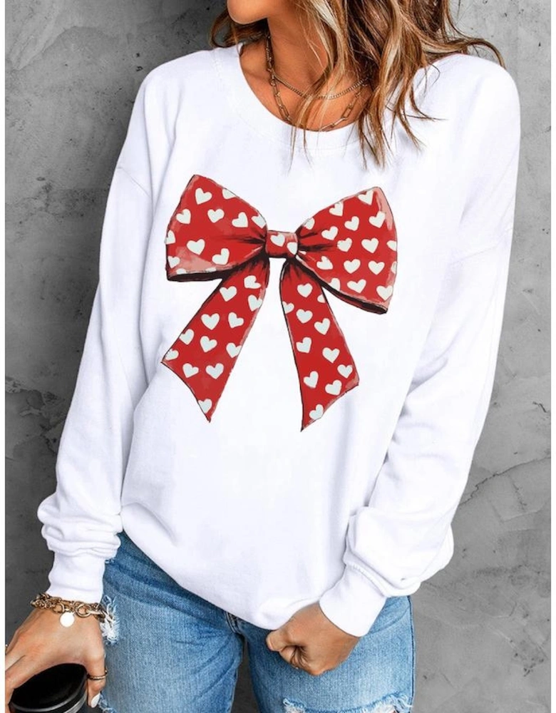 White Heart Bow Printed Round Neck Valentines Pullover Sweatshirt