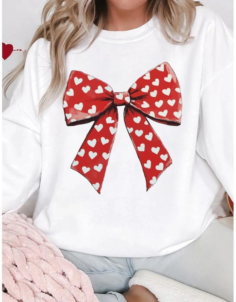 White Heart Bow Printed Round Neck Valentines Pullover Sweatshirt