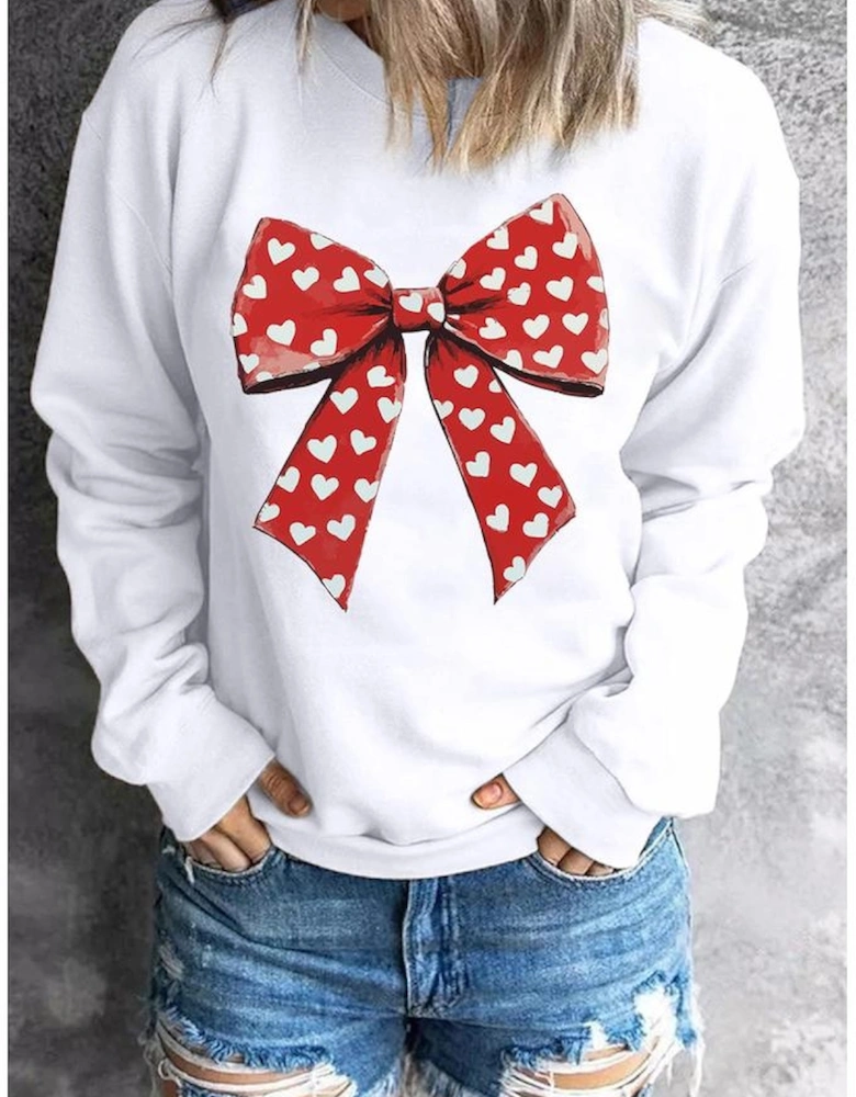 White Heart Bow Printed Round Neck Valentines Pullover Sweatshirt