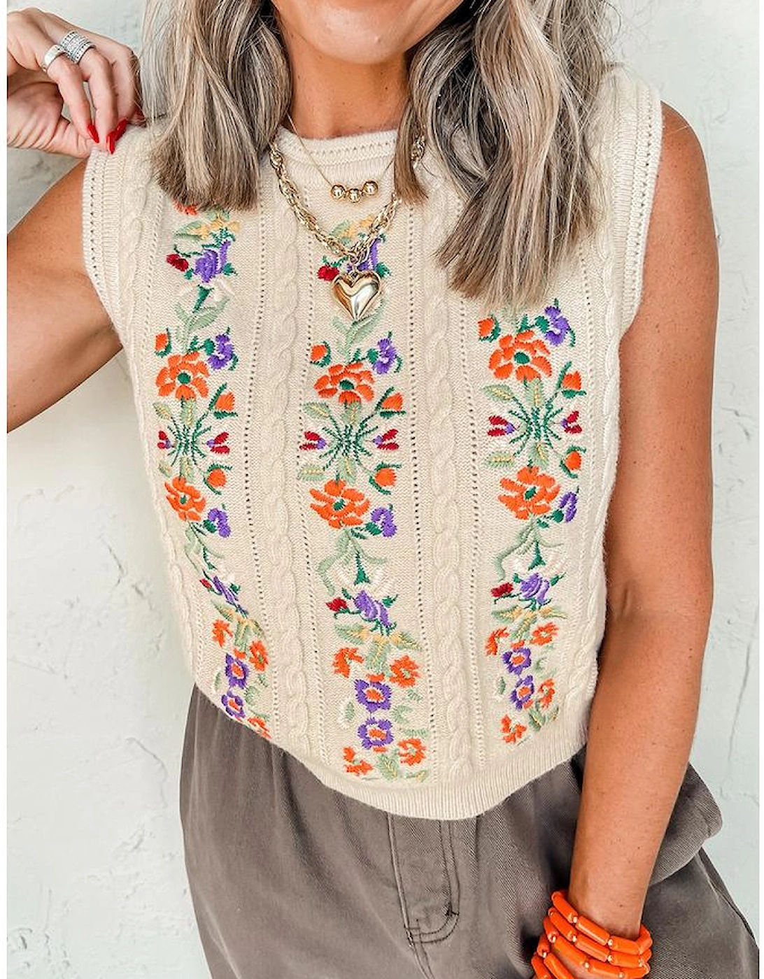 Jet Stream Embroidered Floral Cable Knit Sweater Vest