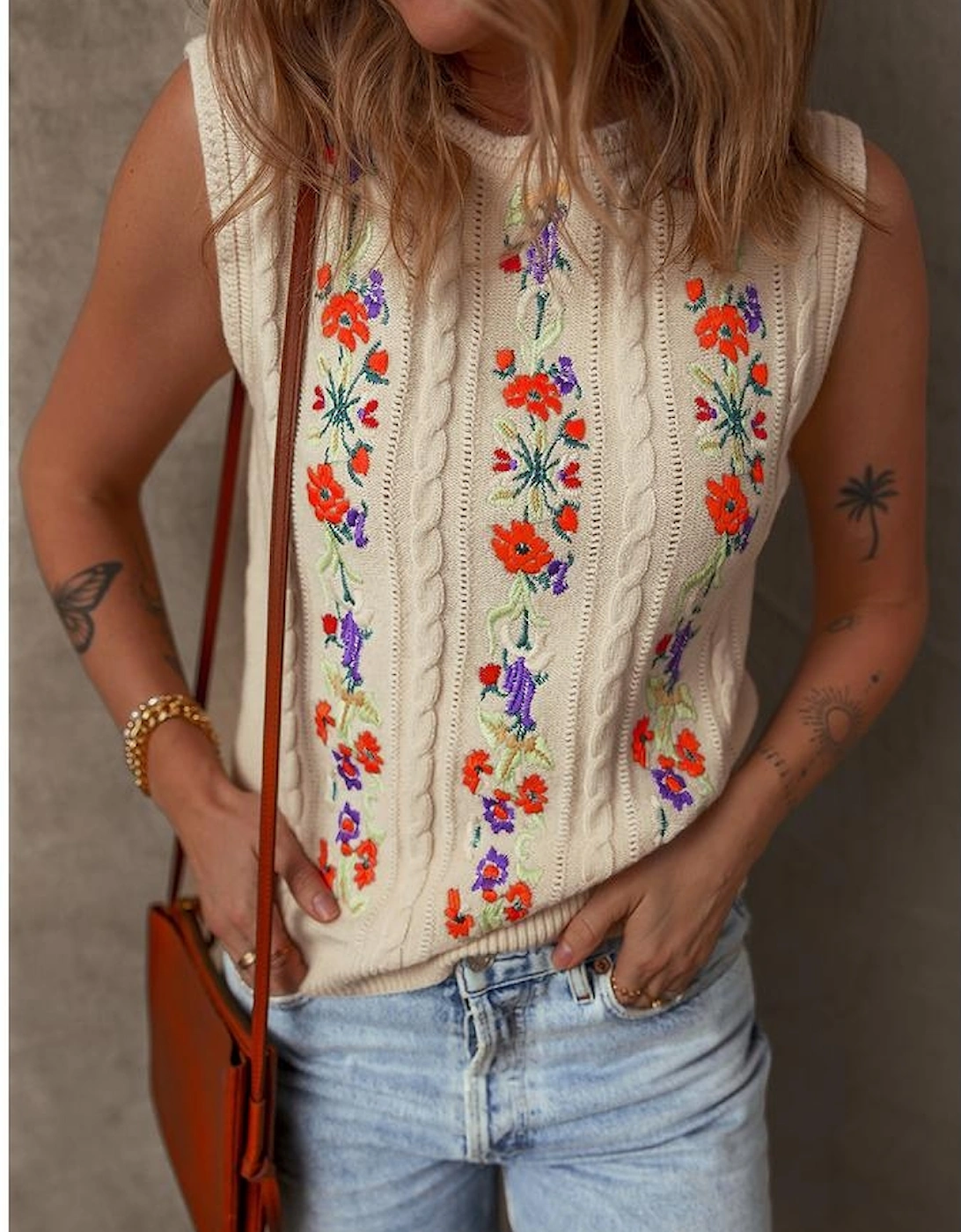 Jet Stream Embroidered Floral Cable Knit Sweater Vest