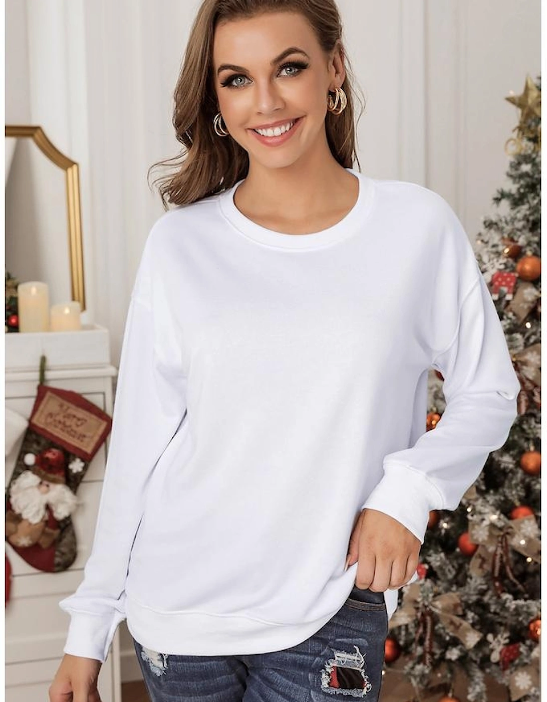 White Plain Crew Neck Pullover Sweatshirt
