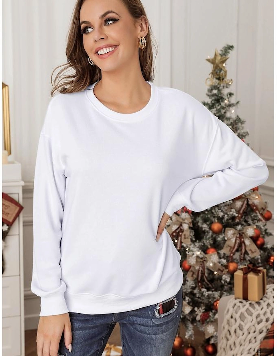 White Plain Crew Neck Pullover Sweatshirt
