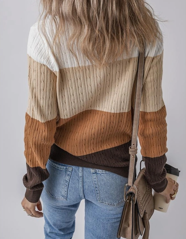 Khaki Colorblock Cable Knit Round Neck Sweater