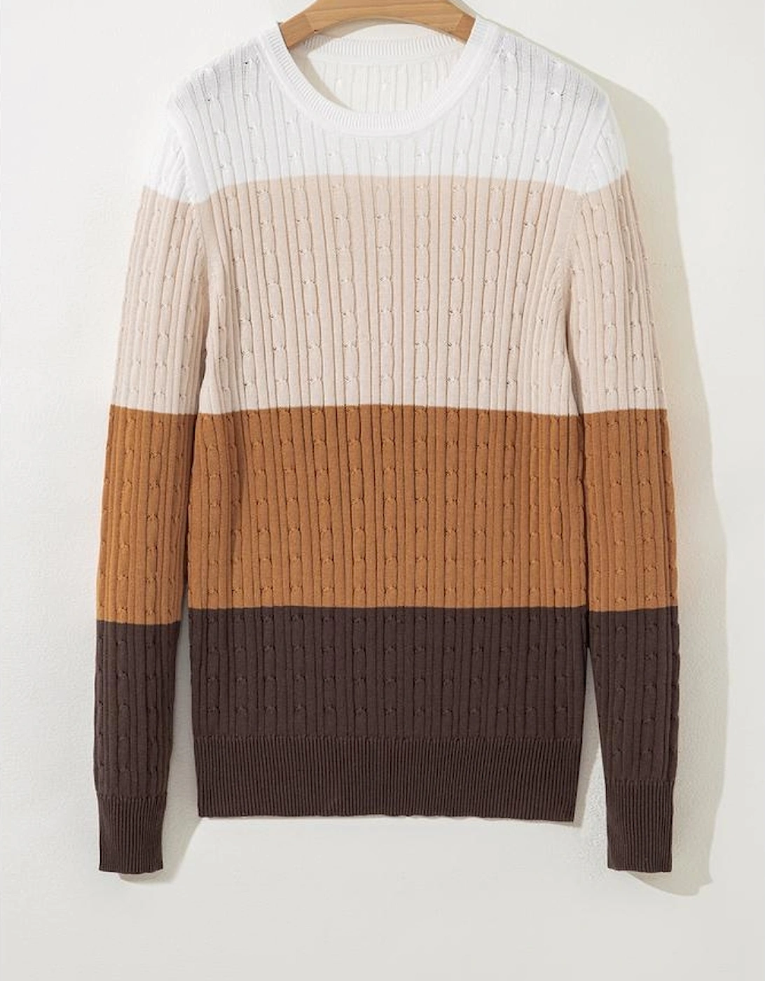 Khaki Colorblock Cable Knit Round Neck Sweater