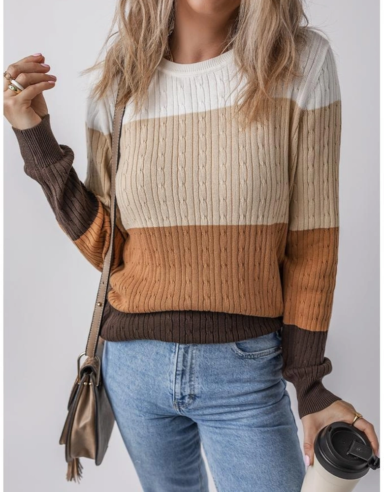 Khaki Colorblock Cable Knit Round Neck Sweater