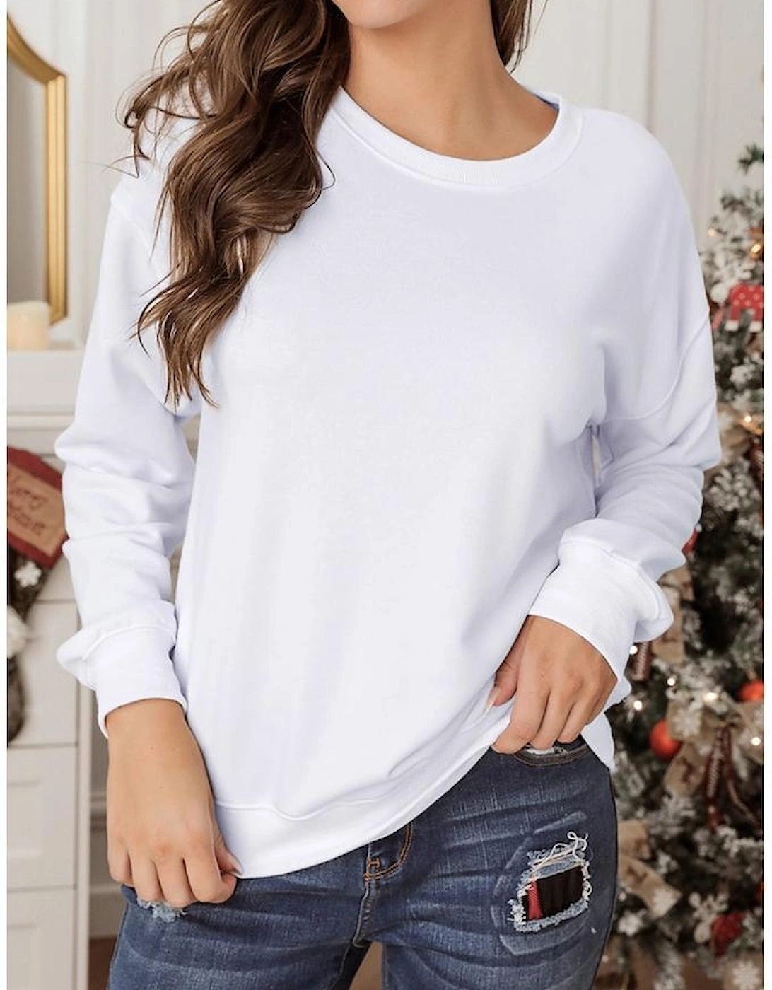 White Plain Crew Neck Pullover Sweatshirt