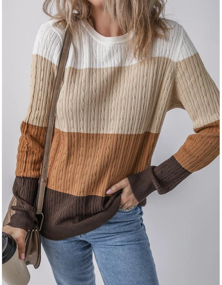 Khaki Colorblock Cable Knit Round Neck Sweater