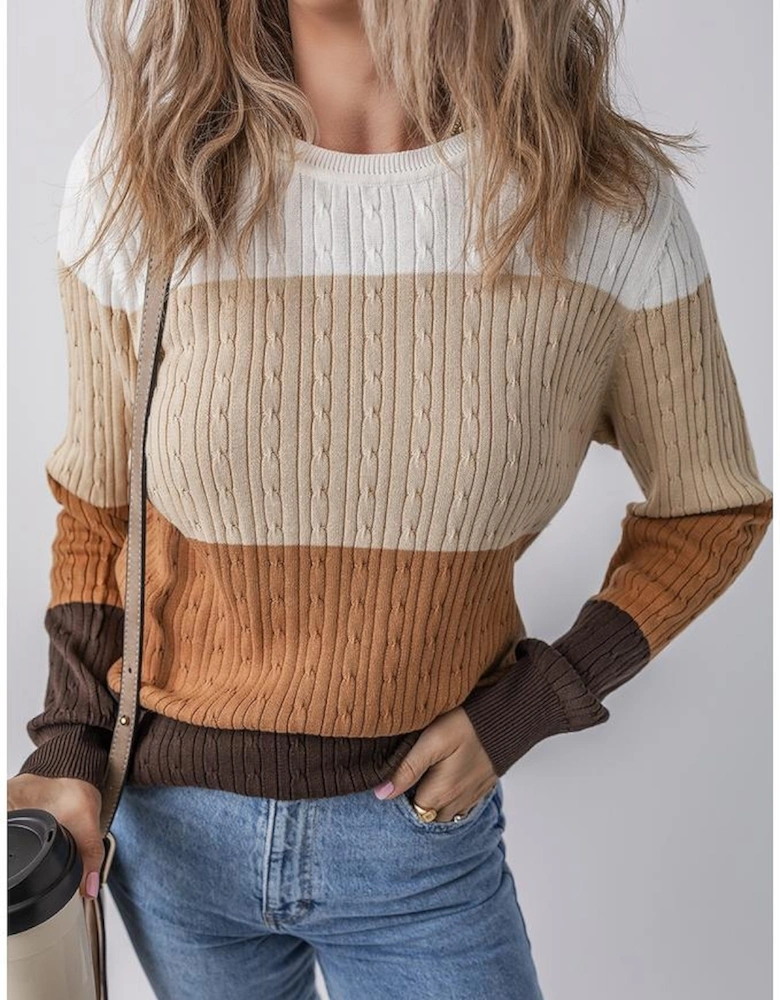 Khaki Colorblock Cable Knit Round Neck Sweater
