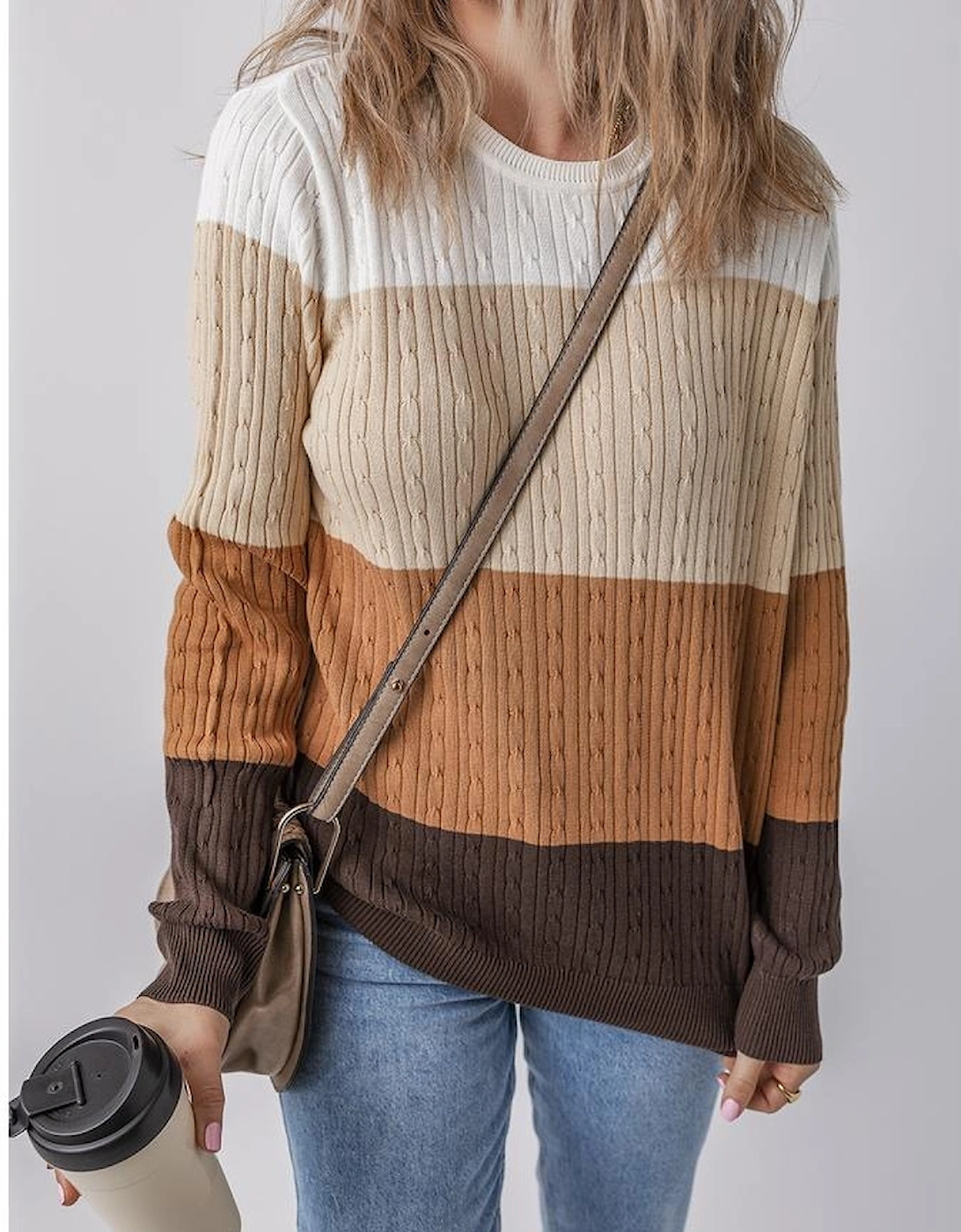 Khaki Colorblock Cable Knit Round Neck Sweater