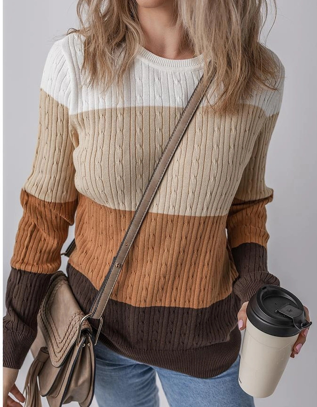 Khaki Colorblock Cable Knit Round Neck Sweater