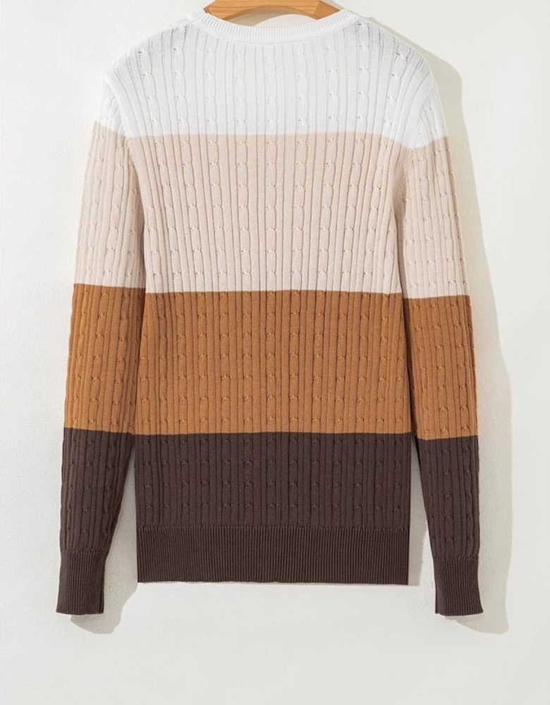 Khaki Colorblock Cable Knit Round Neck Sweater