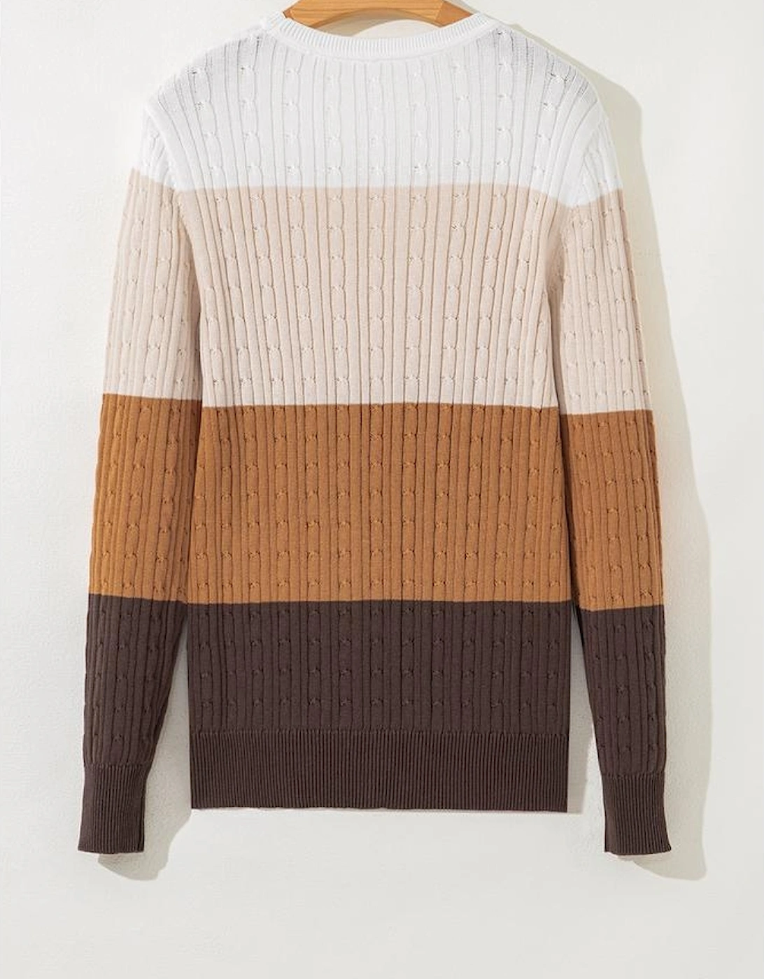 Khaki Colorblock Cable Knit Round Neck Sweater