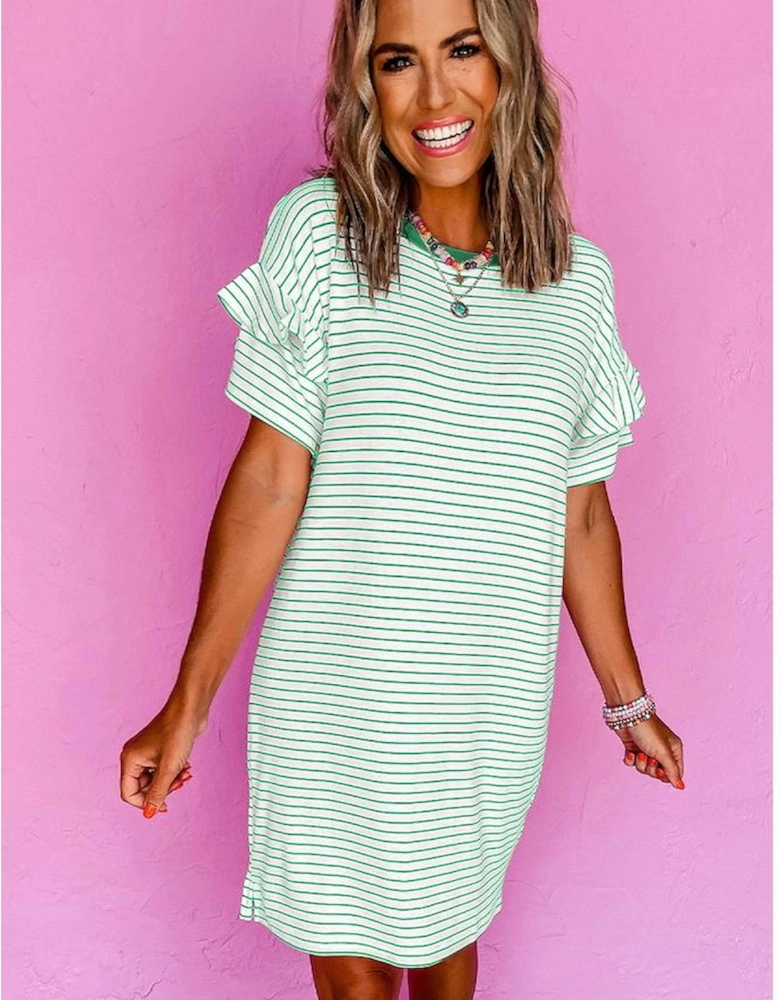 Green Stripe Ruffled Short Sleeve Crew Neck T Shirt Shift Mini Dress