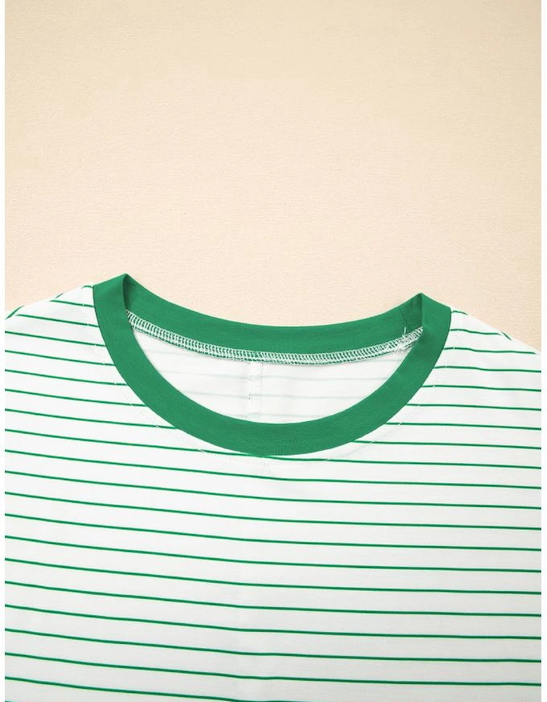 Green Stripe Ruffled Short Sleeve Crew Neck T Shirt Shift Mini Dress