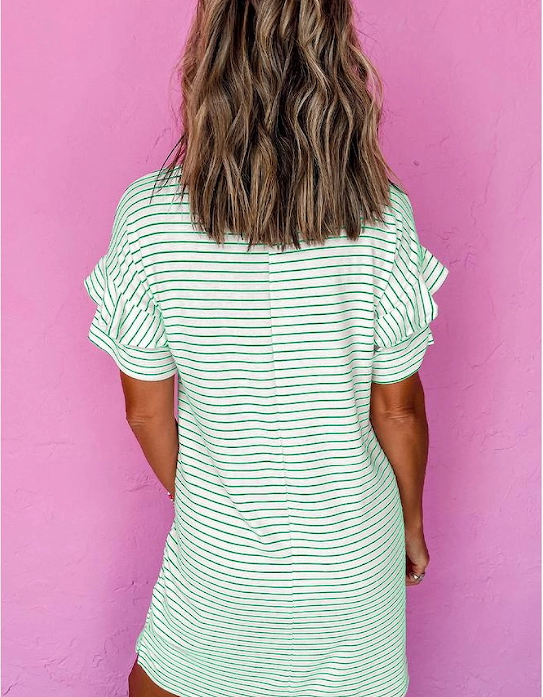 Green Stripe Ruffled Short Sleeve Crew Neck T Shirt Shift Mini Dress, 14 of 13