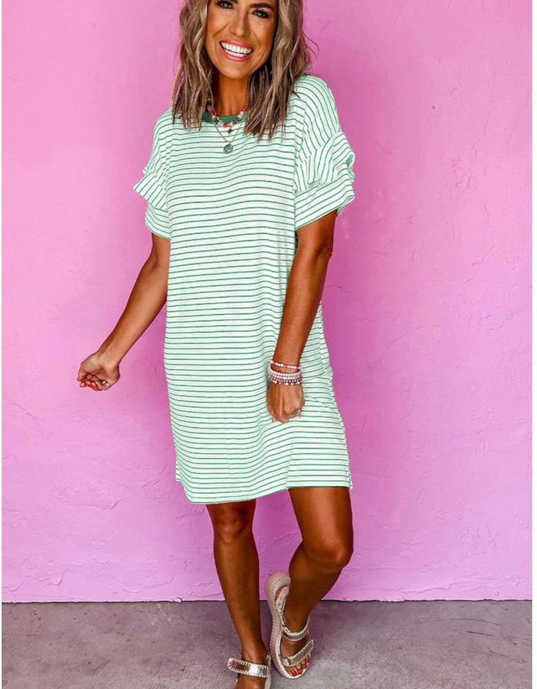 Green Stripe Ruffled Short Sleeve Crew Neck T Shirt Shift Mini Dress