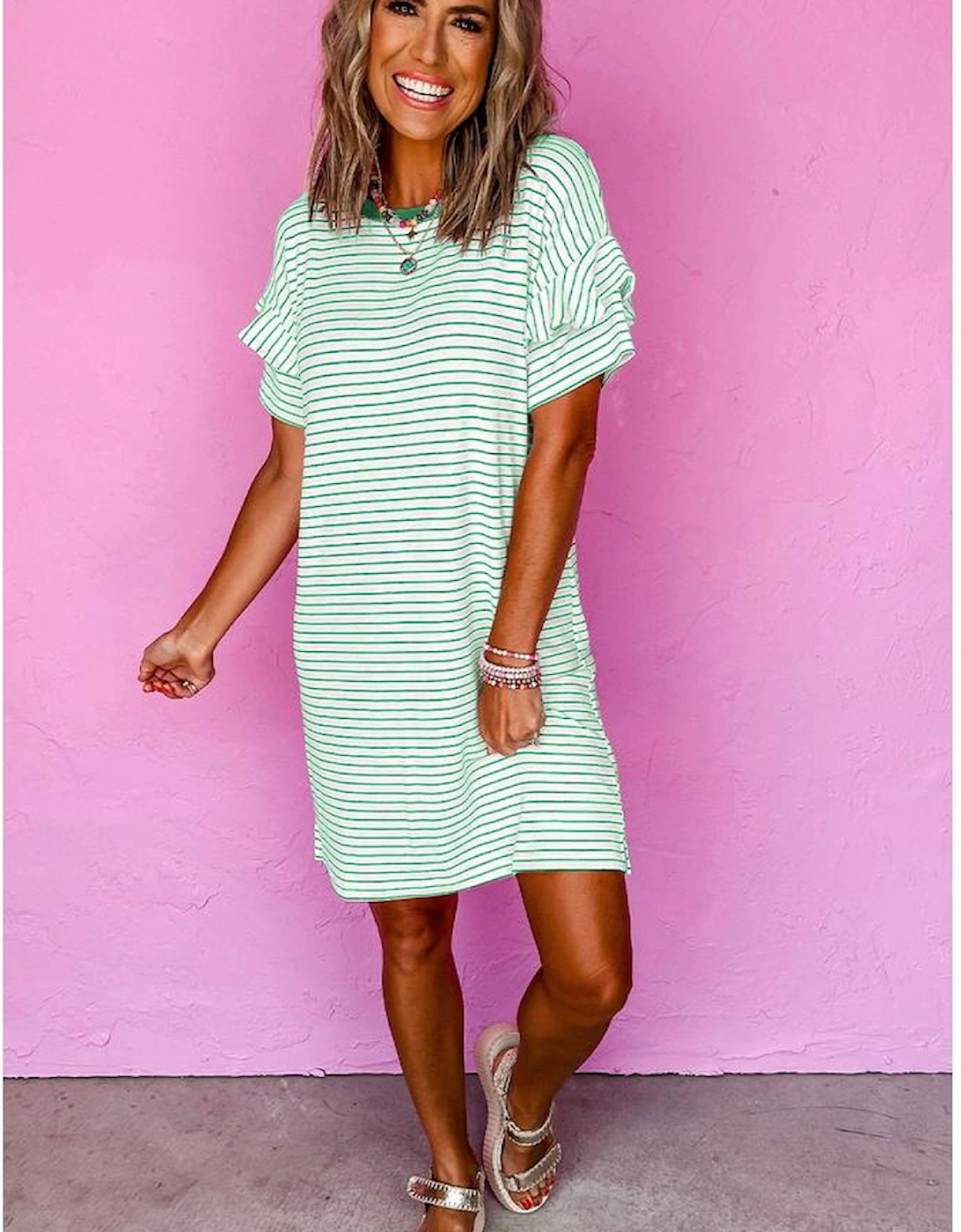 Green Stripe Ruffled Short Sleeve Crew Neck T Shirt Shift Mini Dress