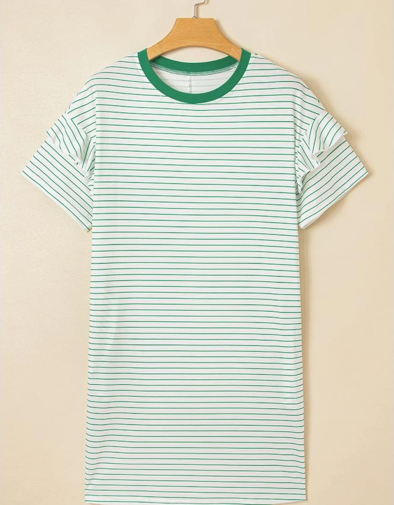 Green Stripe Ruffled Short Sleeve Crew Neck T Shirt Shift Mini Dress