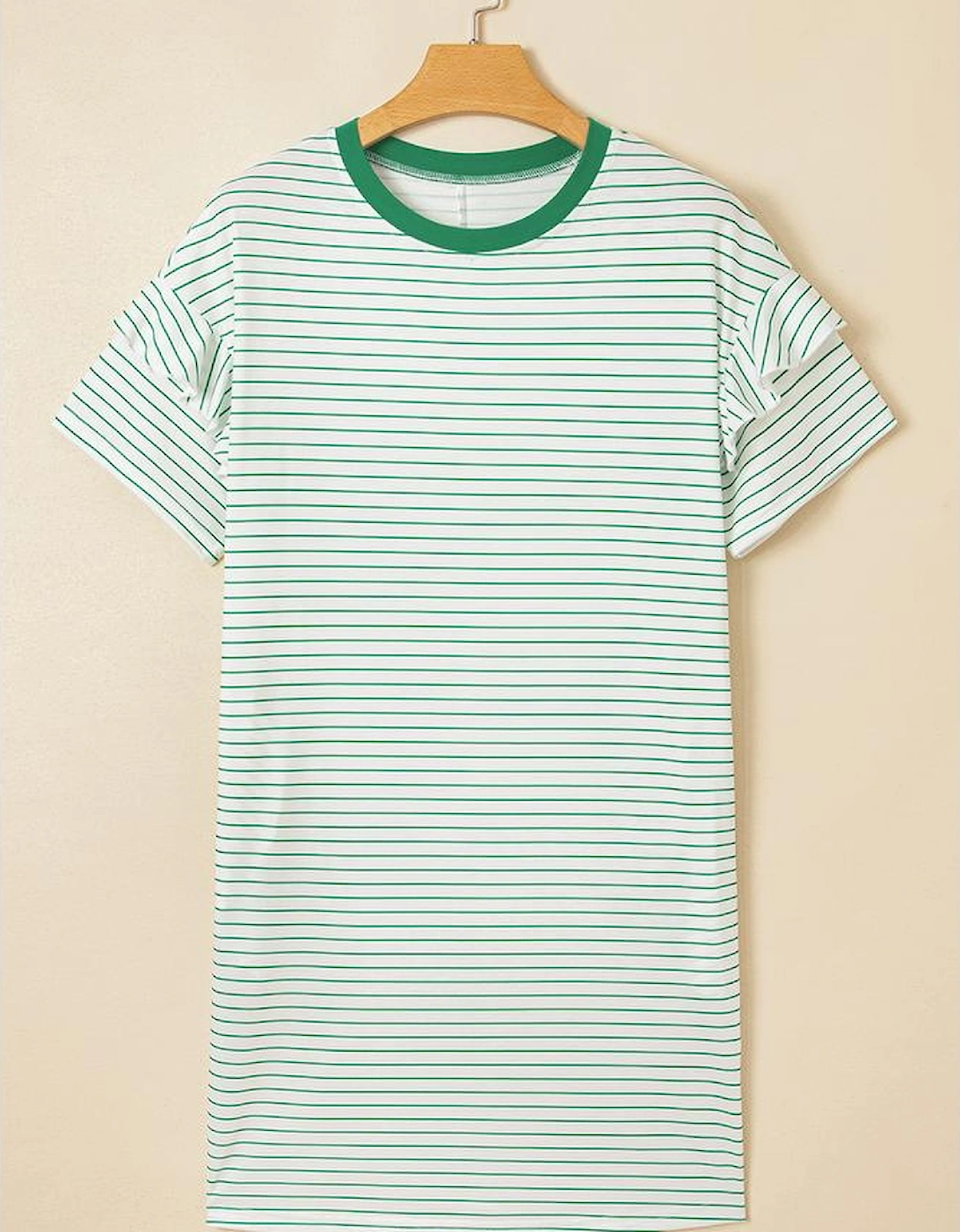 Green Stripe Ruffled Short Sleeve Crew Neck T Shirt Shift Mini Dress