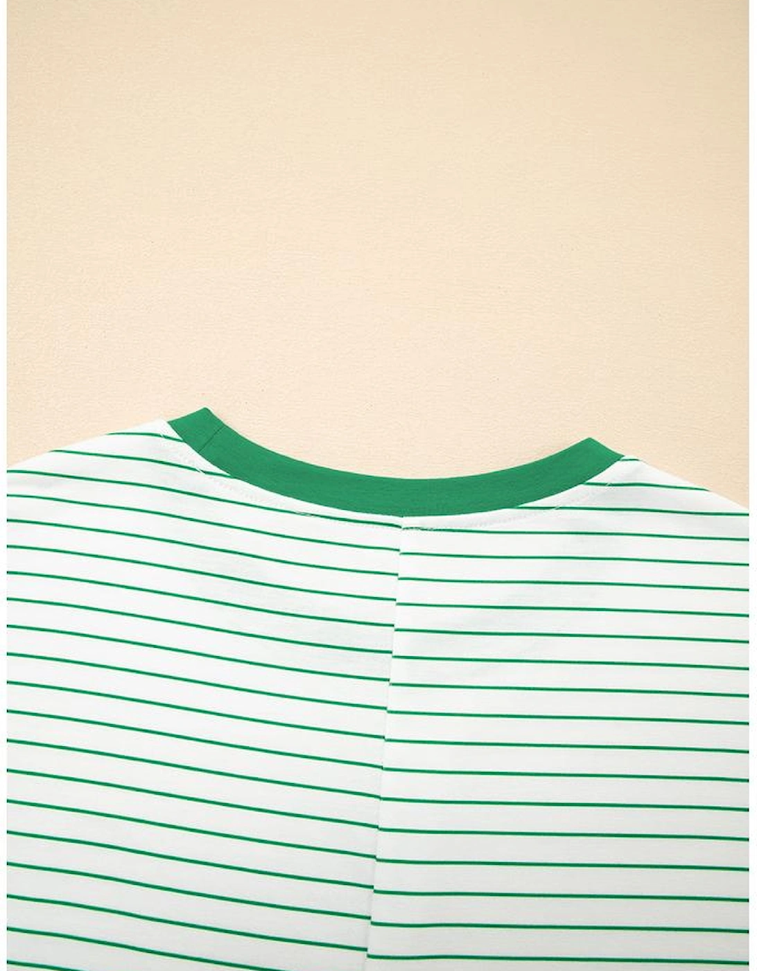 Green Stripe Ruffled Short Sleeve Crew Neck T Shirt Shift Mini Dress