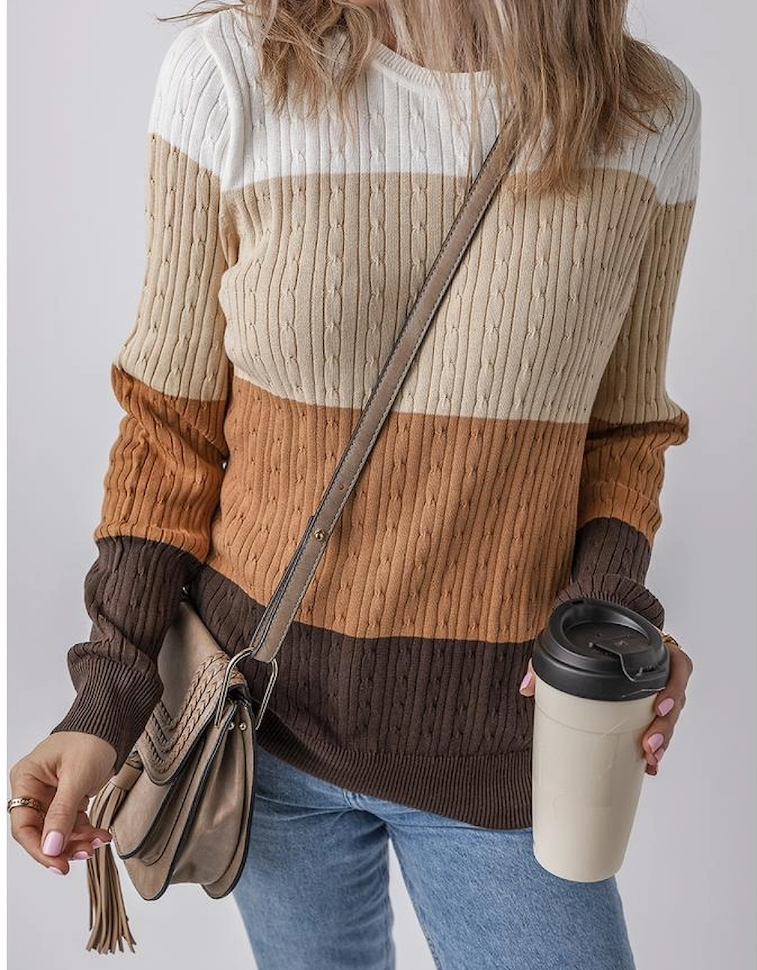 Khaki Colorblock Cable Knit Round Neck Sweater