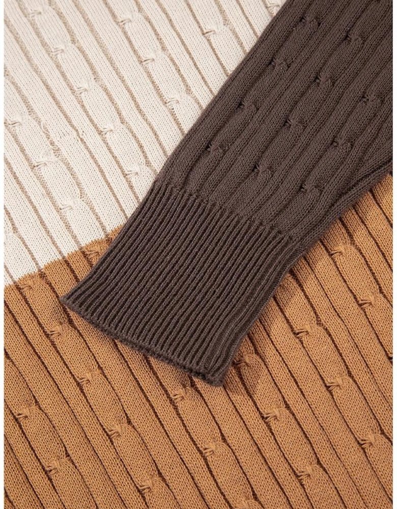 Khaki Colorblock Cable Knit Round Neck Sweater
