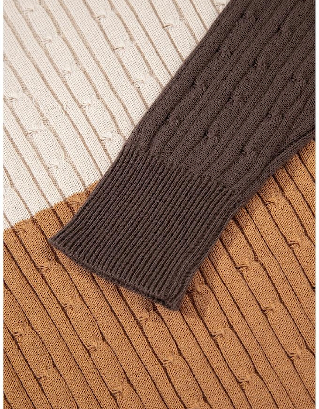 Khaki Colorblock Cable Knit Round Neck Sweater