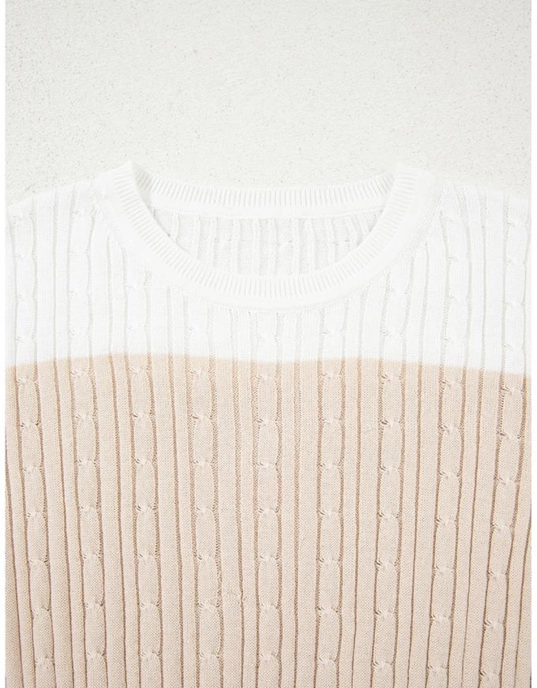 Khaki Colorblock Cable Knit Round Neck Sweater