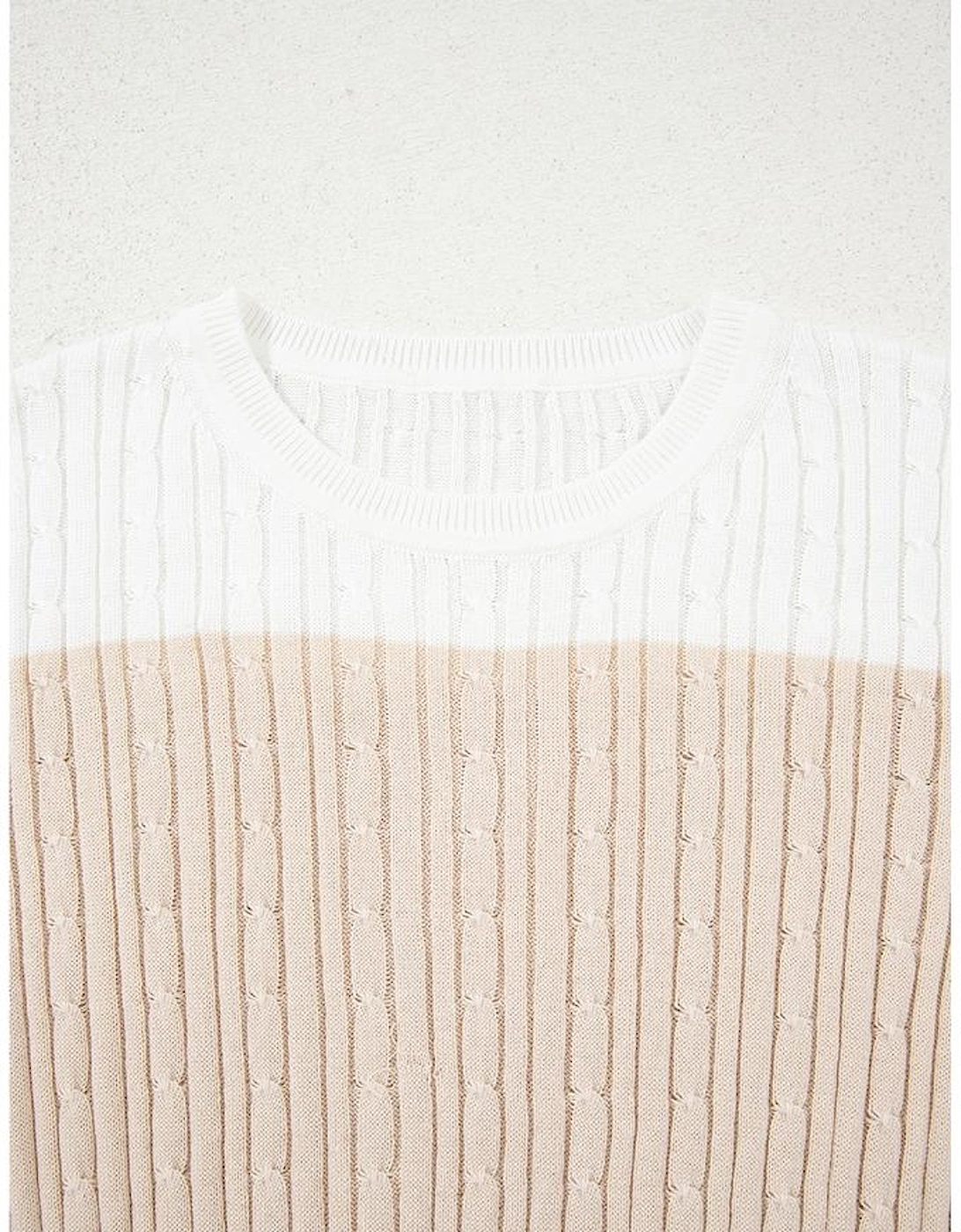Khaki Colorblock Cable Knit Round Neck Sweater