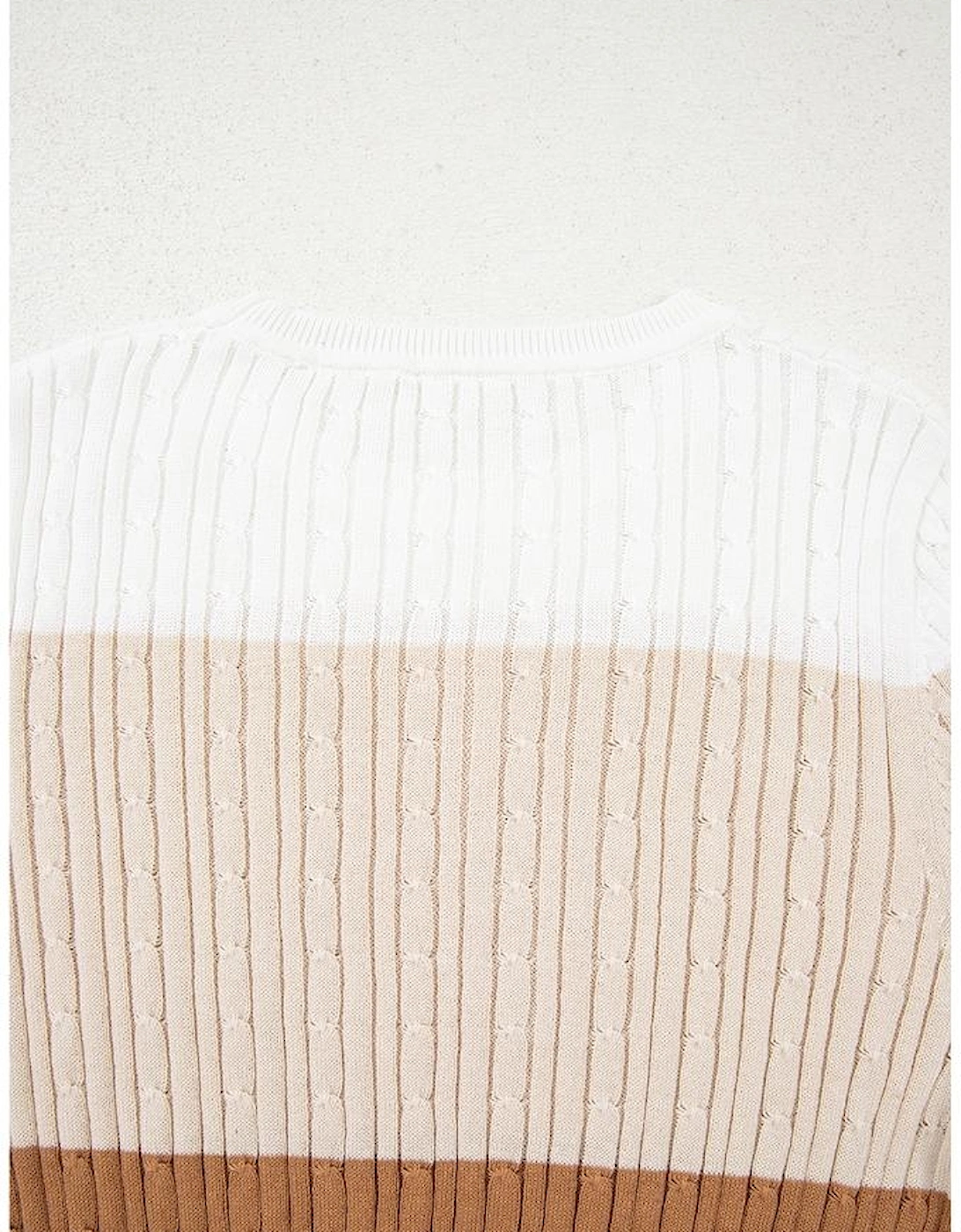 Khaki Colorblock Cable Knit Round Neck Sweater