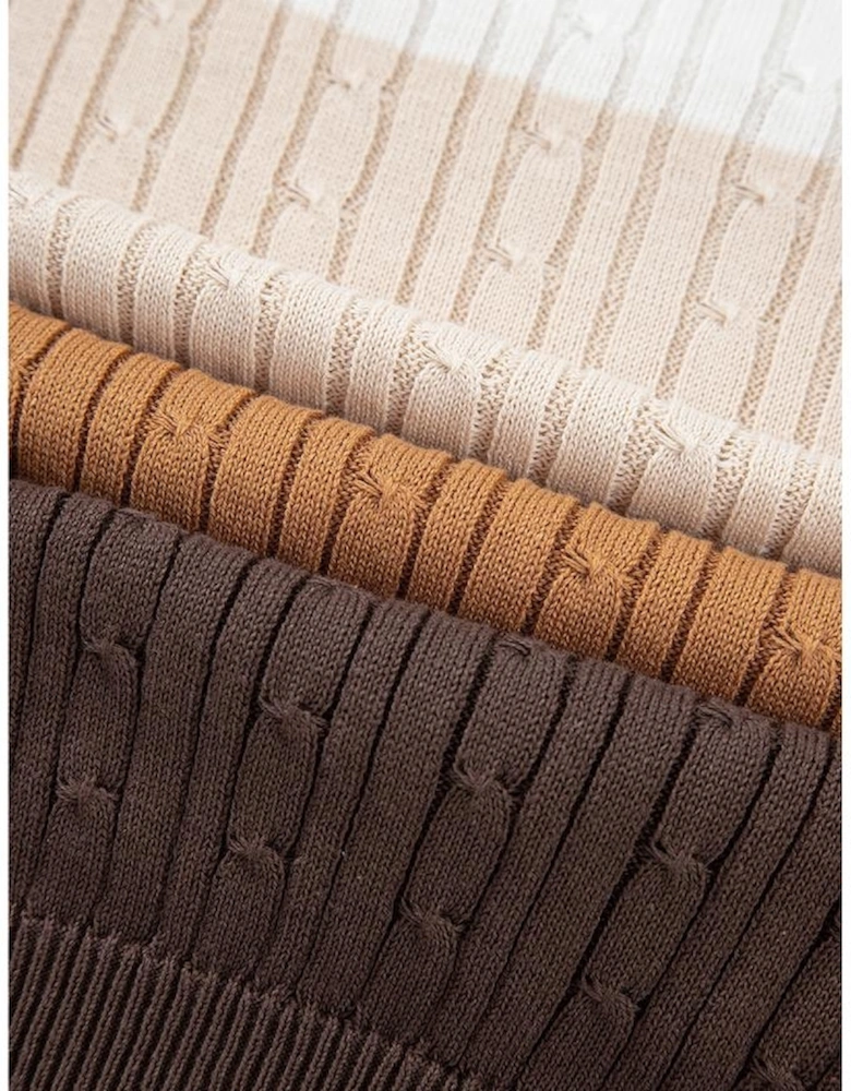 Khaki Colorblock Cable Knit Round Neck Sweater