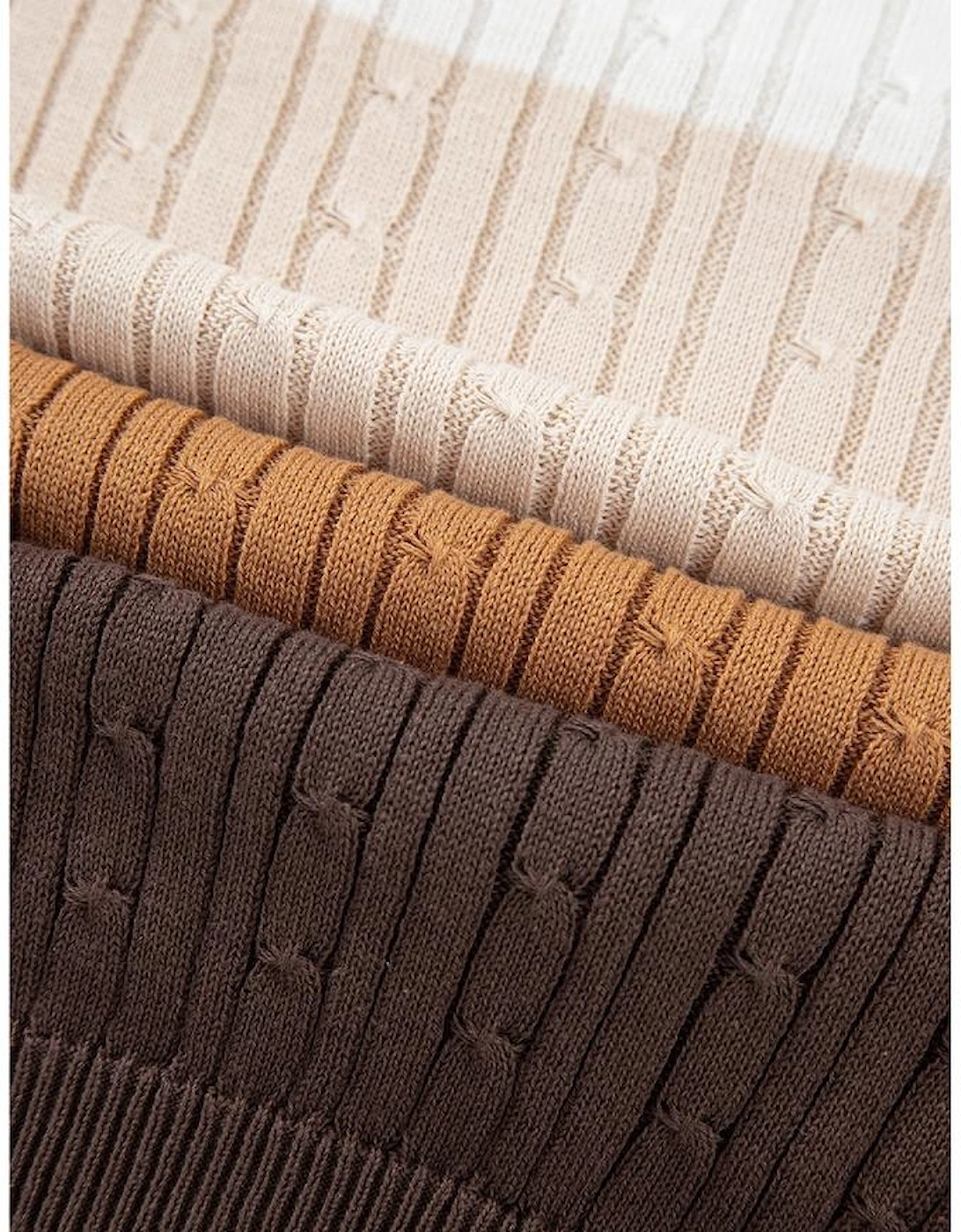 Khaki Colorblock Cable Knit Round Neck Sweater