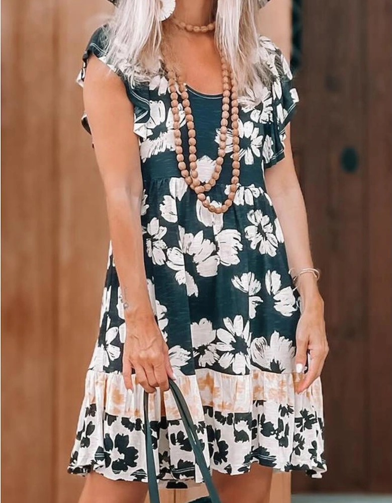 Floral Print Ruffle Sleeve Empire Waist Mini Dress