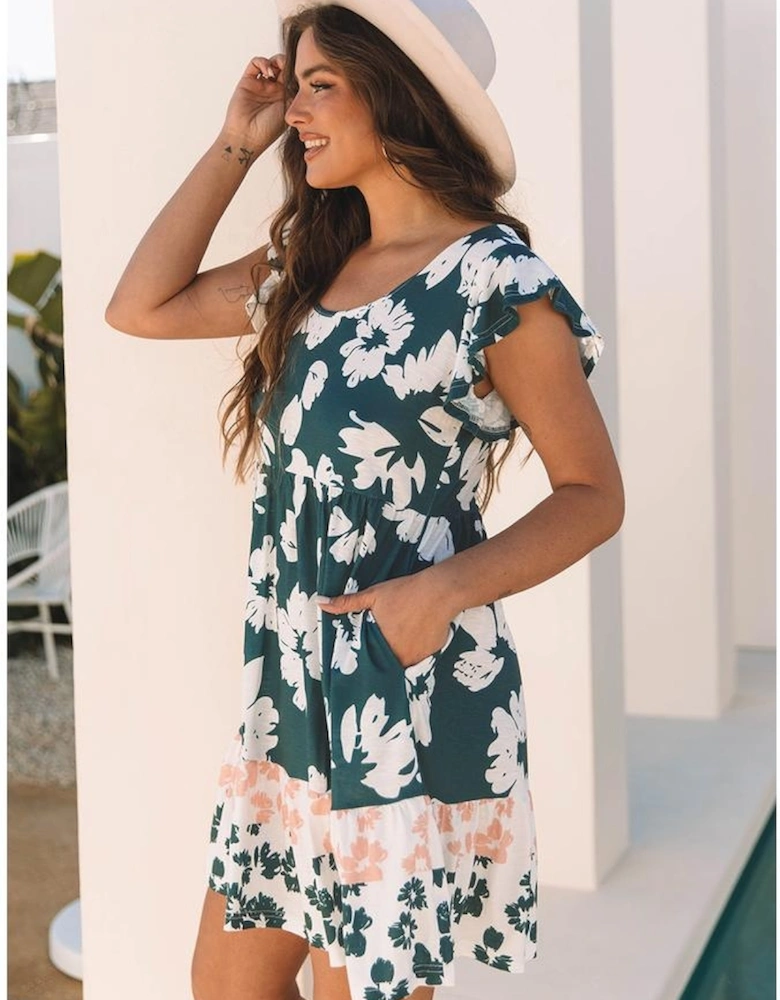 Floral Print Ruffle Sleeve Empire Waist Mini Dress