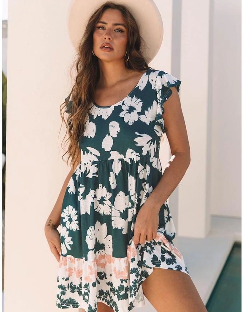 Floral Print Ruffle Sleeve Empire Waist Mini Dress