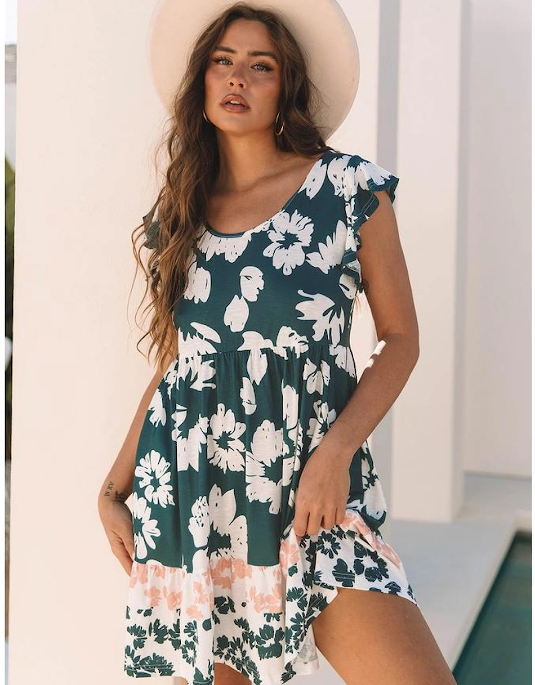 Floral Print Ruffle Sleeve Empire Waist Mini Dress
