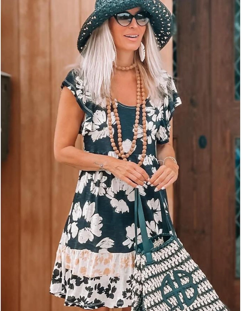 Floral Print Ruffle Sleeve Empire Waist Mini Dress